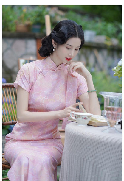 Pink Modern Engagement Cheongsam, One-Piece Tridational Prom Dress Modern Chinese Casual Qipao Frog Button Asian Costume