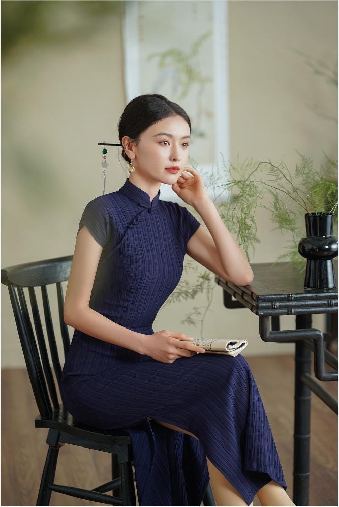 Chinese Modern Cheongsam, Navy traditional Qipao, Long Length Daily Wear Prom dress Evening Gown Wedding Guest Dress Retro Dress