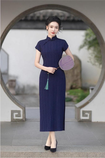 Chinese Modern Cheongsam, Navy traditional Qipao, Long Length Daily Wear Prom dress Evening Gown Wedding Guest Dress Retro Dress