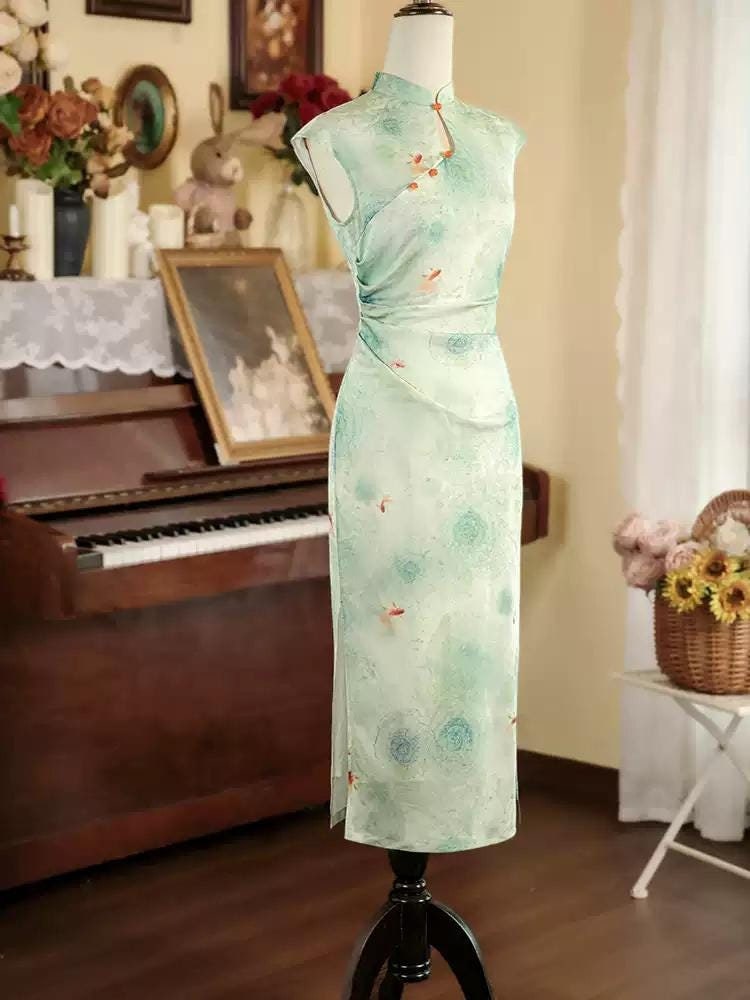 Light Green Modern Floral Qipao, Sleeveless Summer Qipao, Cream White Chinese Cheongsam Dress Daily Wear, Prom Dress, Date Dress