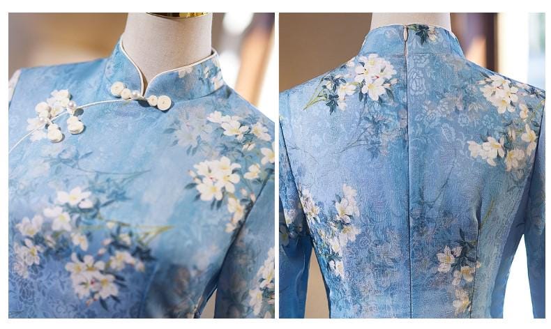 Blue Modern Qipao, Date Qipao Elegant dress with Forg buttons Mandarin collar Aodai Dress Traditional Cheongsam