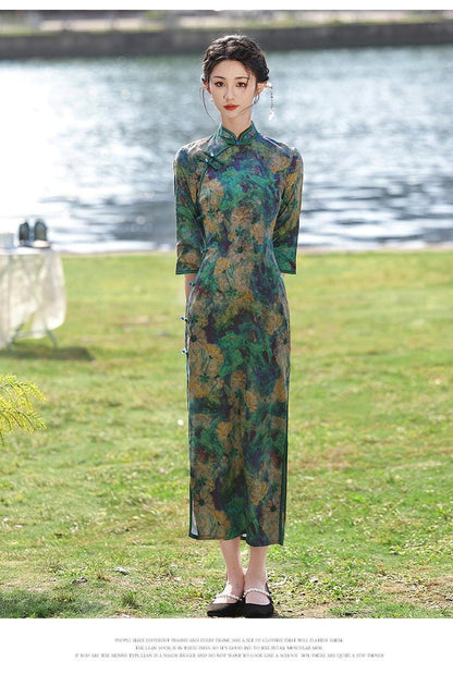 Fall Chinese Qipao Dress Vintage Cheongsam Hongkong Chipao