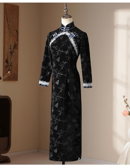 Black Qipao, Traditional Daily Cheongsam, Date Dress, Floral Frog Buttons Elegant dress with Bamboo Mandarin collar Wedding guest dress