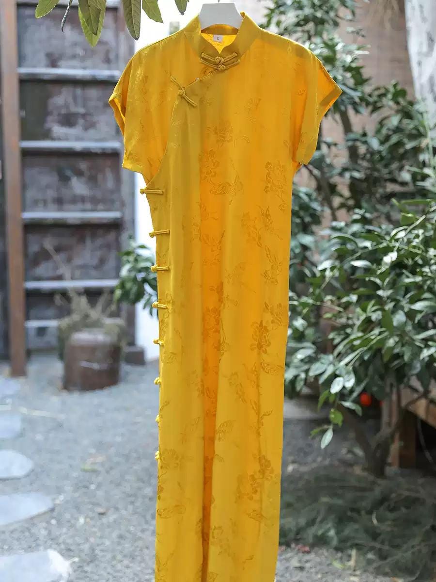 Traditional Qipao Cheongsam, Yellow Chinese Dress, Modern long length Daily Wear Party Dress Simple Wedding Guest Dress Prom dress