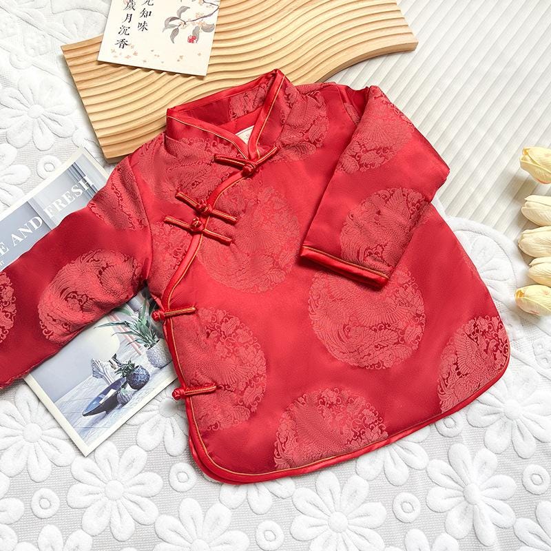 Girl's/ Boy Qipao long-sleeve Coat Children's Chinese New year cheongsam outfit Dragon pattern Red jacket for kids