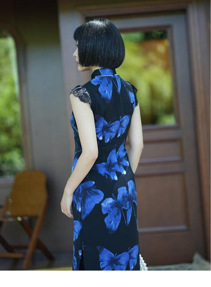 Blue Butterfly Sleeveless Cheongsam, Summer Chinese Qipao, long length Daily Wear Prom Dress