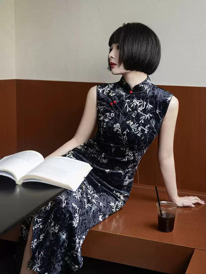 Black Velvet Sleeveless Cheongsam, Traditional Chinese Qipao