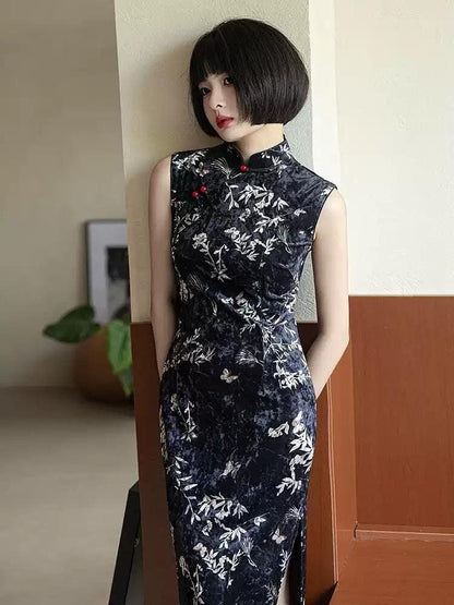 Black Velvet Sleeveless Cheongsam, Traditional Chinese Qipao