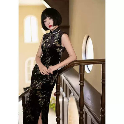 Black Velvet Sleeveless Cheongsam, Traditional Chinese Qipao, long length Daily Wear Prom Dress Ball Gowns