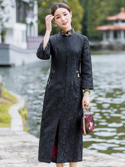 Women Autumn Winter New Style Frog Button Chinese Style Qipao jacket Long Gown Overcoat