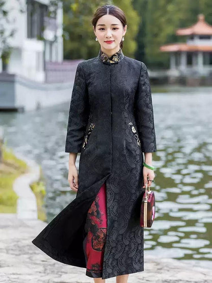 Women Autumn Winter New Style Frog Button Chinese Style Qipao jacket Long Gown Overcoat