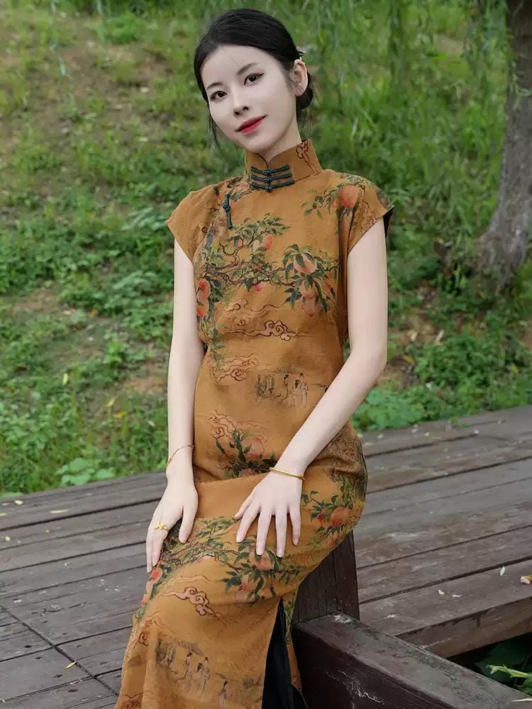 Mulberry Silk Short-sleeved long Cheongsam Qipao Earth Yellow Traditional Dress Evening Gown Floral dress