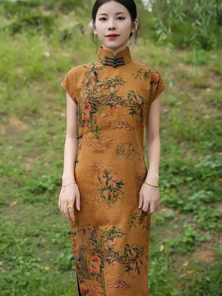 Mulberry Silk Short-sleeved long Cheongsam Qipao Earth Yellow Traditional Dress Evening Gown Floral dress