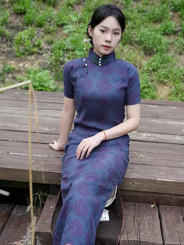 Mulberry Silk Short-sleeved long Cheongsam Qipao Purple Traditional Dress Evening Gown Heavy Silk Dress