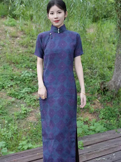 Mulberry Silk Short-sleeved long Cheongsam Qipao Purple Traditional Dress Evening Gown Heavy Silk Dress