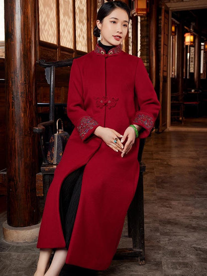 Chinese Style Embroidered Woolen Long Tang Jacket in Burgundy Women Autumn Winter Frog Button Chinese Style Qipao jacket Long Gown Overcoat