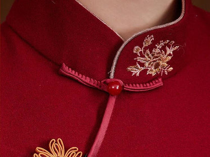 Chinese Style Embroidered Woolen Long Qipao in Burgundy