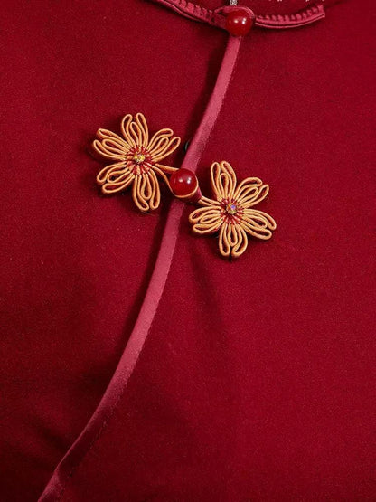 Chinese Style Embroidered Woolen Long Qipao in Burgundy