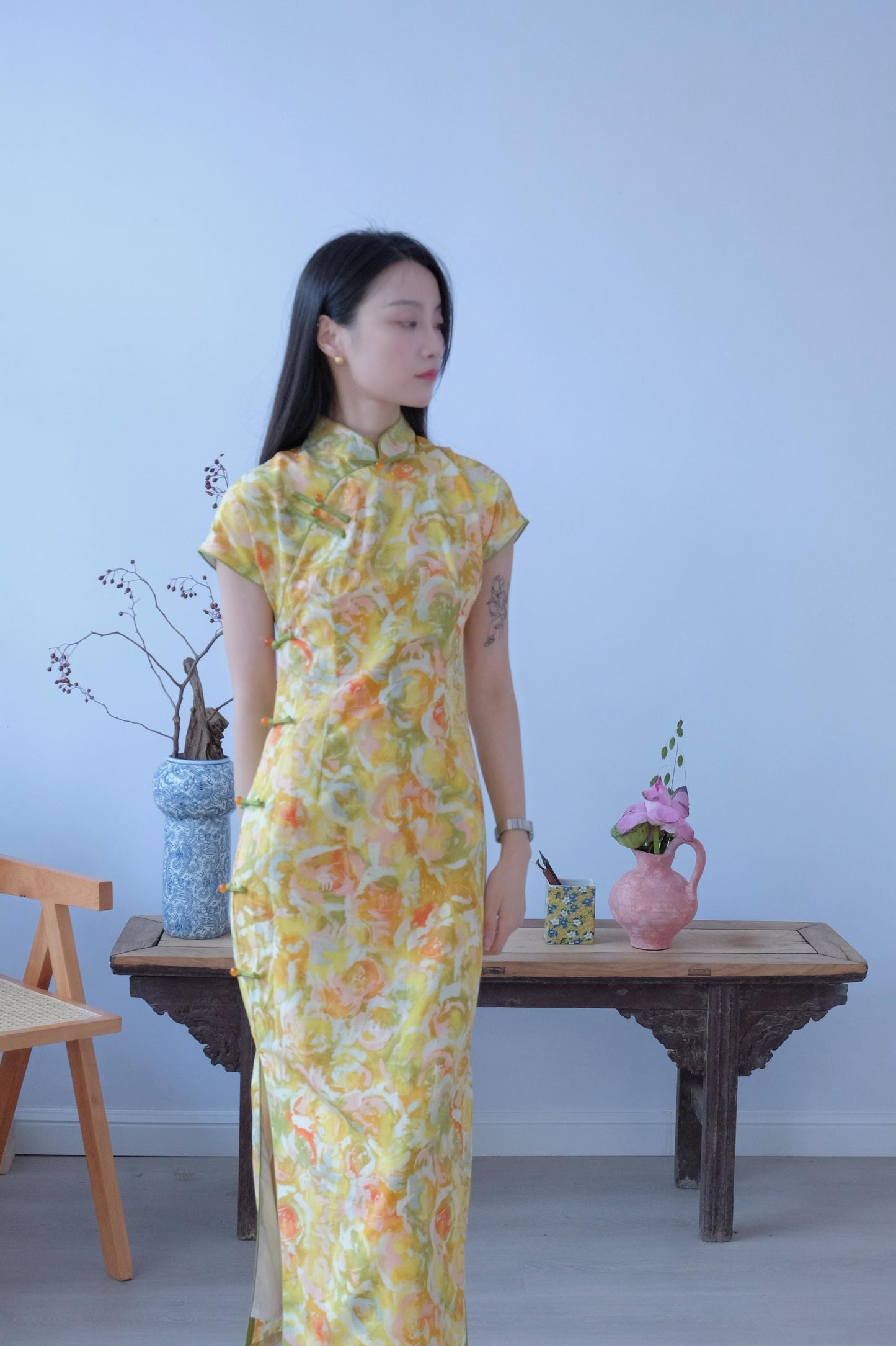 Yellow Chinese Modern Cheongsam Summer Chinese Qipao Oil Painting pattern Long Length Daily Wear Prom dress Evening Gown Wedding Guest Dress