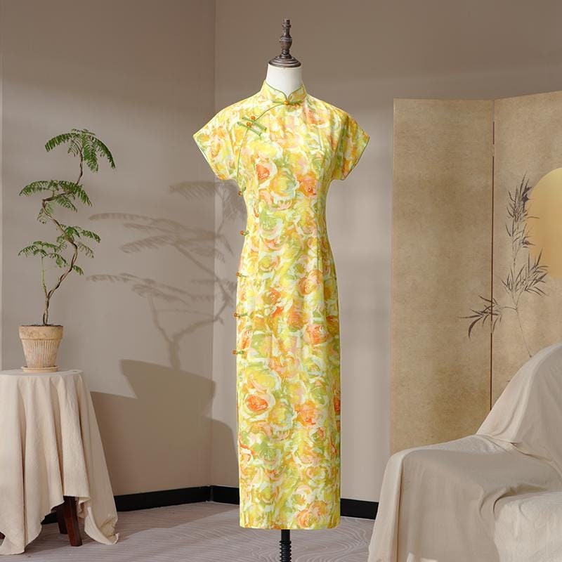 Yellow Chinese Modern Cheongsam Summer Chinese Qipao Oil Painting pattern Long Length Daily Wear Prom dress Evening Gown Wedding Guest Dress