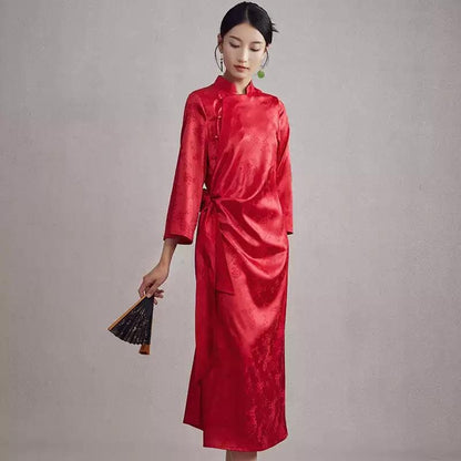 High-Quality Red Traditional Qipao, Chinese Modern Jacquard Satin Cheongsam Dress Plus Size Silk-like Loose Dress  Wedding morning robe