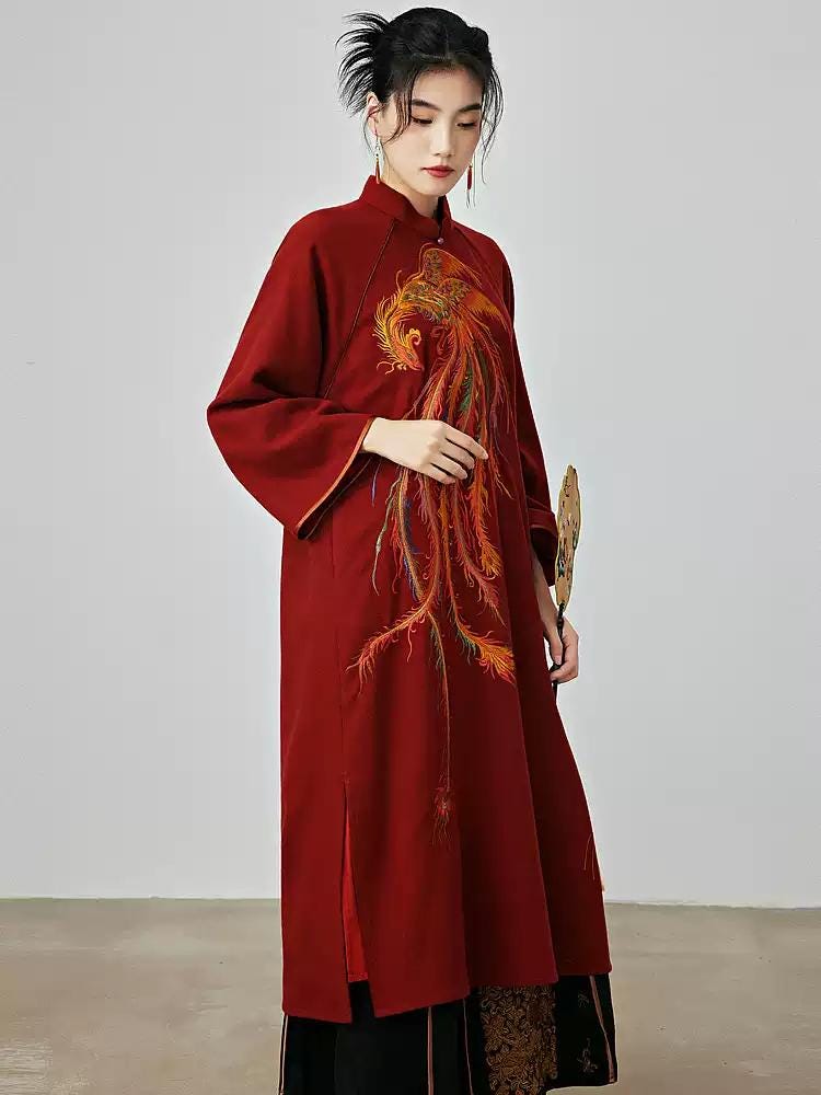 High-Quality Woolen Qipao Dress with Phoenix Embroidery Autumn Winter Wine Red Traditional Cheongsam, Chinese Modern Dress Plus Size Loose