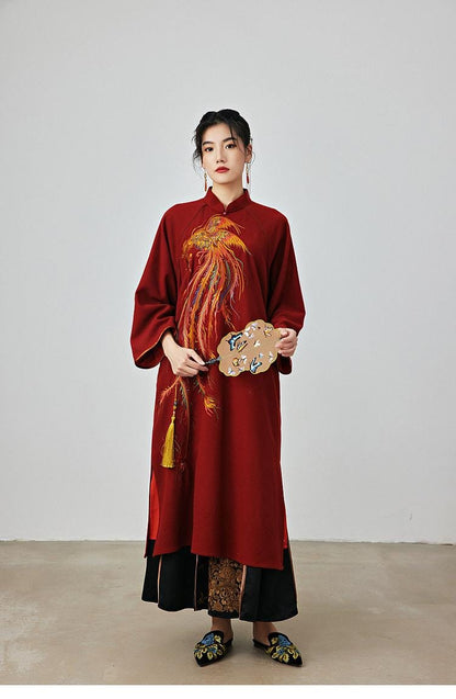 High-Quality Woolen Qipao Dress with Phoenix Embroidery Autumn Winter Wine Red Traditional Cheongsam, Chinese Modern Dress Plus Size Loose