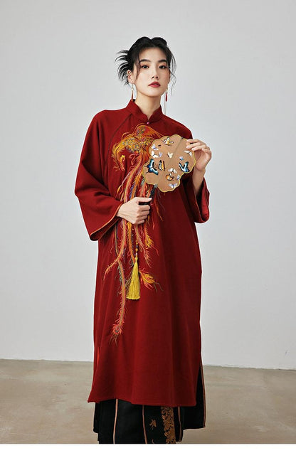 High-Quality Woolen Qipao Dress with Phoenix Embroidery Autumn Winter Wine Red Traditional Cheongsam, Chinese Modern Dress Plus Size Loose