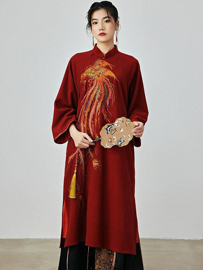 High-Quality Woolen Qipao Dress with Phoenix Embroidery Autumn Winter Wine Red Traditional Cheongsam, Chinese Modern Dress Plus Size Loose