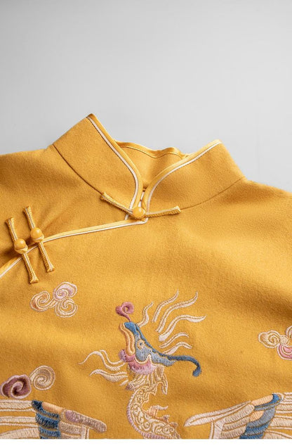 Woolen Qipao Dress with Exquisite Embroidery High-Quality Autumn Winter Yellow Traditional Cheongsam Chinese Modern Dress Plus Size Loose