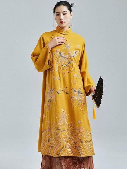 Woolen Qipao Dress with Exquisite Embroidery High-Quality Autumn Winter Yellow Traditional Cheongsam Chinese Modern Dress Plus Size Loose