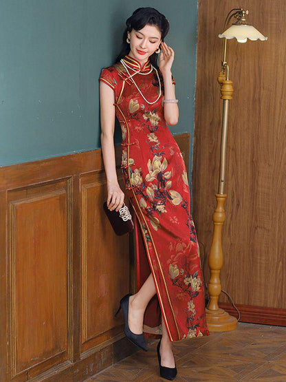 Red Modern Mulberry Silk Short-sleeved long Cheongsam Qipao Traditional Dress Flower Pattern Long Dress Cocktail Party Dress