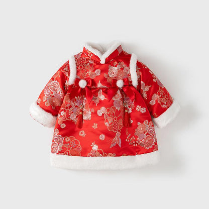 Baby Girl Qipao long-sleeve Dress Children's Chinese New year cheongsam outfit Traditional Red Dress for Baby 100 days Birthday