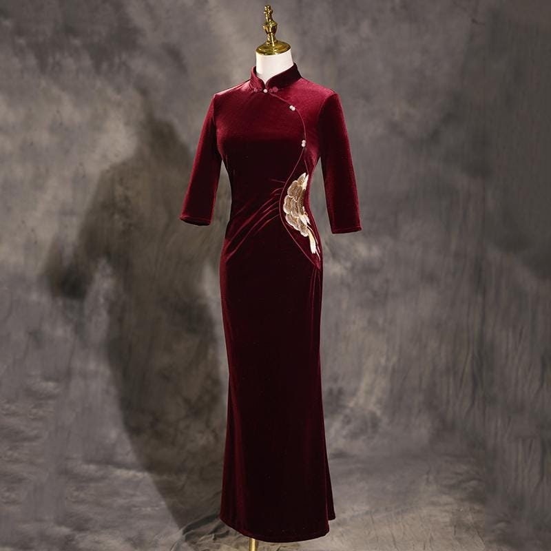 Burgundy Fall Chinese Qipao Dress Cheongsam Traditional Chinese Chipao Dress Velvet Long dress Prom dress vintage cheongsam ball gowns