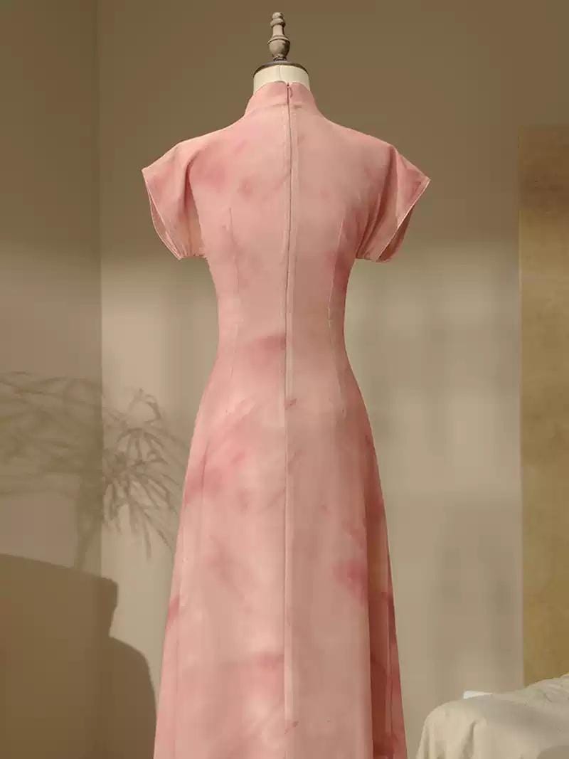 Modern Pink Qipao, Daily cheongsam, Frog Buttons Elegant dress with Mandarin collar Prom Dress Waist-cinching dress