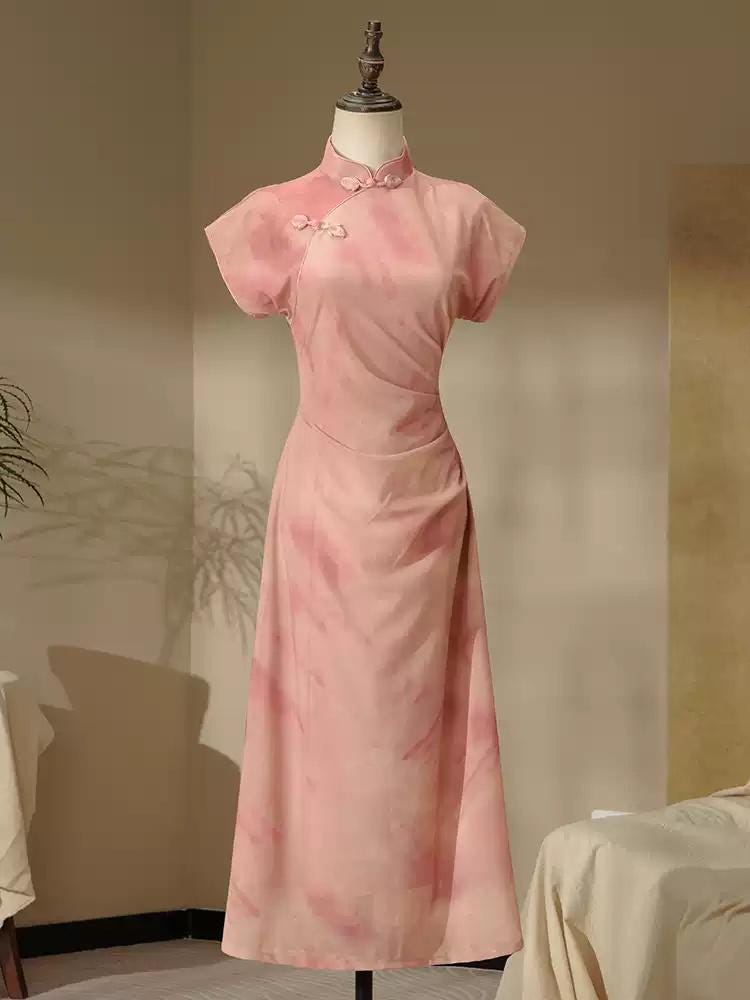 Modern Pink Qipao, Daily cheongsam, Frog Buttons Elegant dress with Mandarin collar Prom Dress Waist-cinching dress