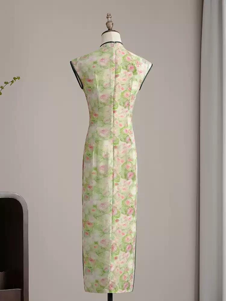 Green Sleeveless Cheongsam, Summer Chinese Qipao, Floral Pattern Daily Wear Dress Fit and Flare Prom Dress Cocktail Party Retro Dress