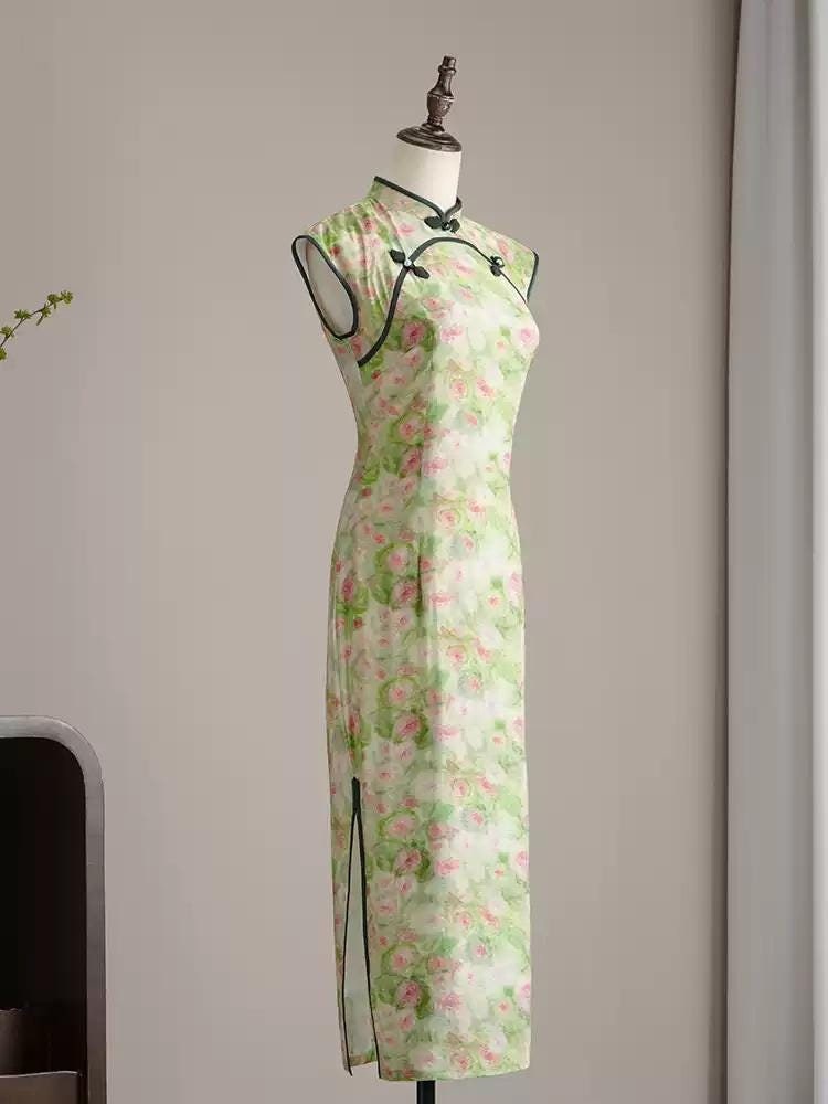 Green Sleeveless Cheongsam, Summer Chinese Qipao, Floral Pattern Daily Wear Dress Fit and Flare Prom Dress Cocktail Party Retro Dress