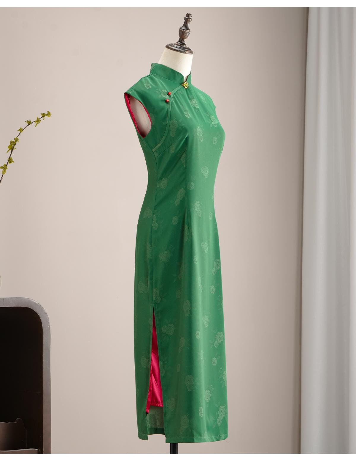 Chinese Cheongsam in Green with Red, Modern Chinese Qipao Dress Ball Gowns Cocktail Party Dress