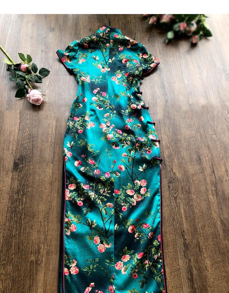 Mulberry Silk Short-sleeved Green Cheongsam Qipao Traditional Dress Evening Gown 60s Cocktail dress