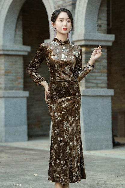 Velvet Floral Pattern Daily Qipao Mermaid Dress Traditional Daily Cheongsam, Date Dress, Elegant Dress Cocktail Dress Prom Dress