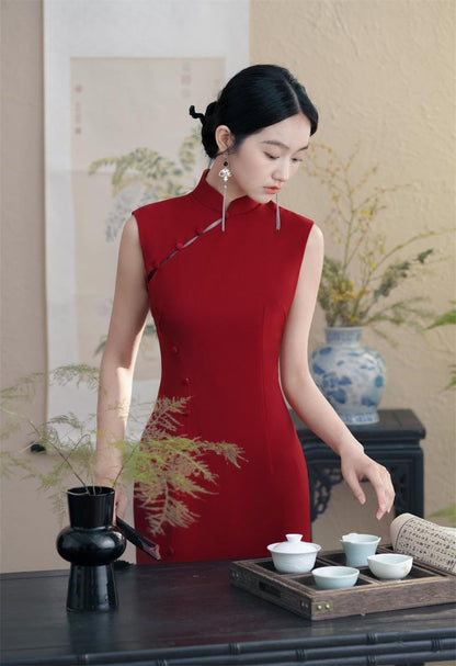 Burgundy Chenille Qipao Modern Cheongsam