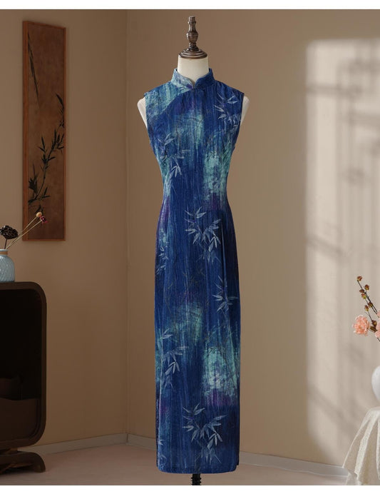 Blue Sleeveless Cheongsam, Summer Chinese Qipao, Bamboo Pattern Daily Wear Dress mandarin collar Modern qipao dress prom dress