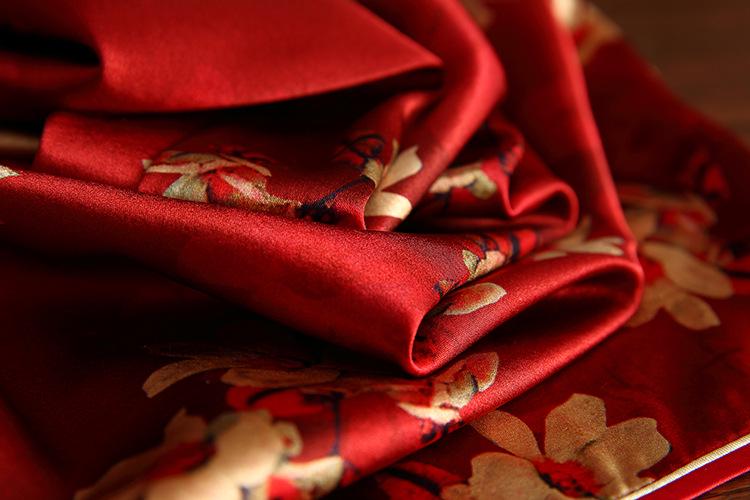 Mulberry Silk Short-sleeved Mid-length Cheongsam Wine Red Qipao Traditional Dress Flower Button