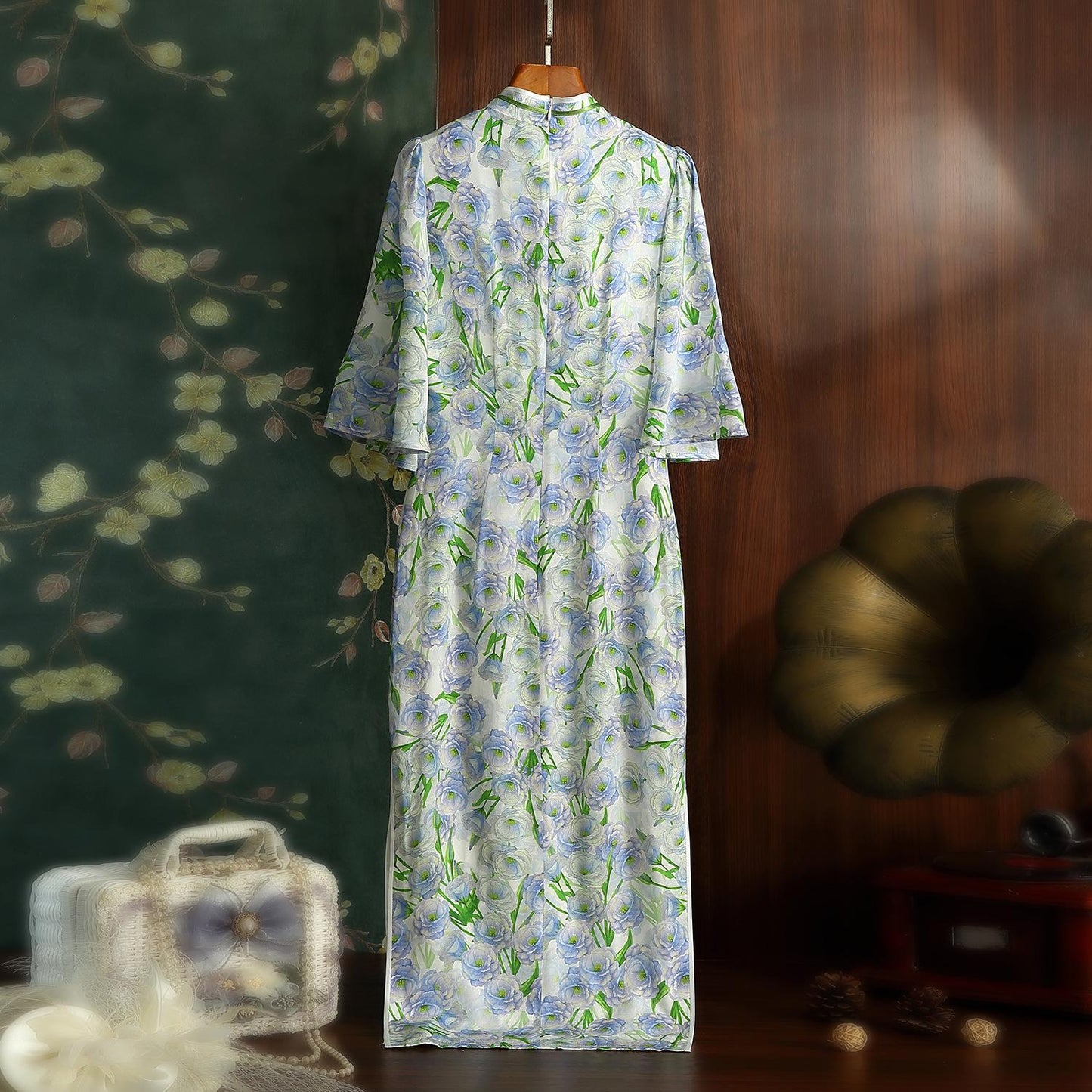 Mulberry Silk Mid-sleeved long Cheongsam Flower Pattern Qipao Traditional Dress