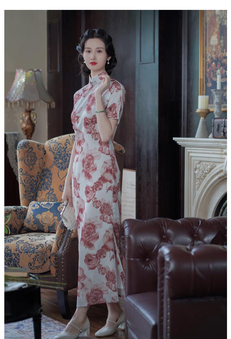 Rose Floral Handcrafted Qipao, Tridational Engagement Cheongsam, One-Piece Dress Prom Dress Traditional Chinese Casual Cheongsam Elegant