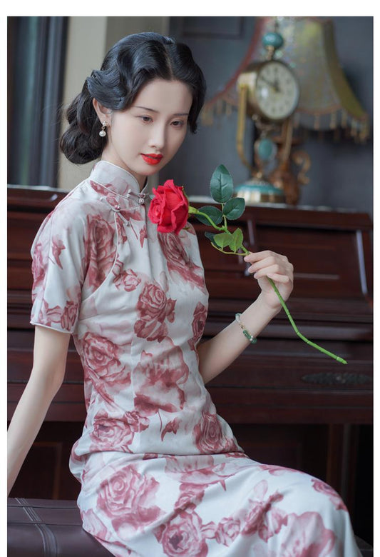 Rose Floral Handcrafted Qipao, Tridational Engagement Cheongsam, One-Piece Dress Prom Dress Traditional Chinese Casual Cheongsam Elegant