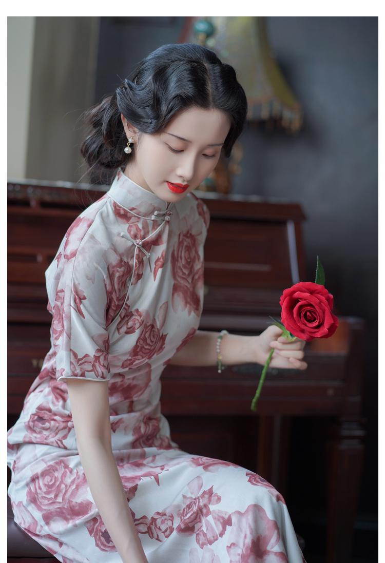 Rose Floral Handcrafted Qipao, Tridational Engagement Cheongsam, One-Piece Dress Prom Dress Traditional Chinese Casual Cheongsam Elegant