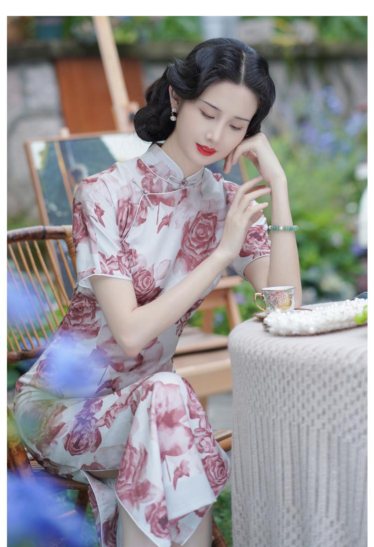 Rose Floral Handcrafted Qipao, Tridational Engagement Cheongsam, One-Piece Dress Prom Dress Traditional Chinese Casual Cheongsam Elegant