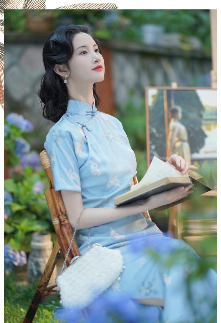 Light Blue Tridational Engagement Cheongsam with Rabbit pattern, One-Piece Prom Dress Modern Chinese Casual Qipao Frog Button Asian Costume